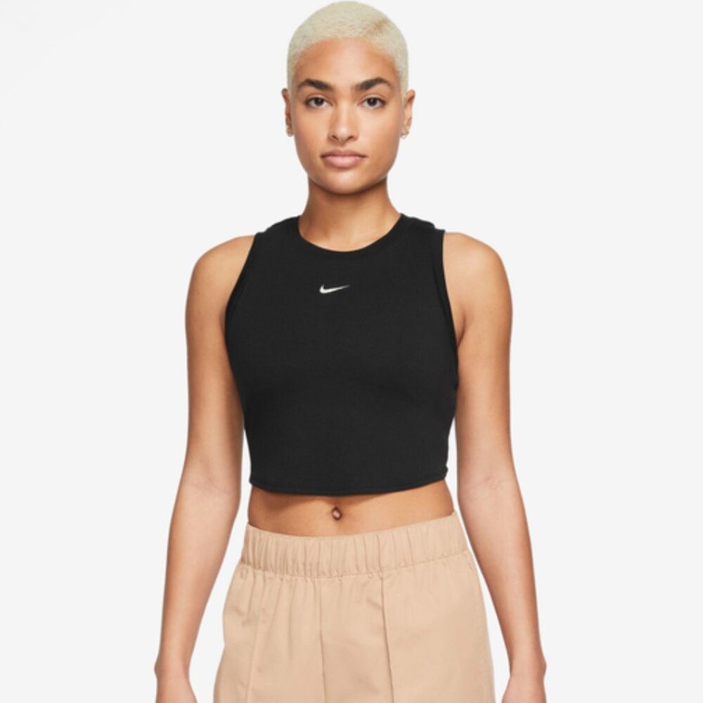 Nike Women's Black Essential Rib Crop Tank Sporty Athletic Casual L